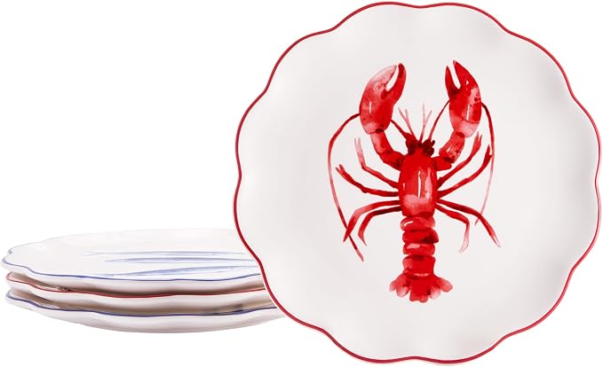 Bico Ocean Wonders Scalloped Salad Plates Set of 4, 8.75 Inch Ceramic Dessert