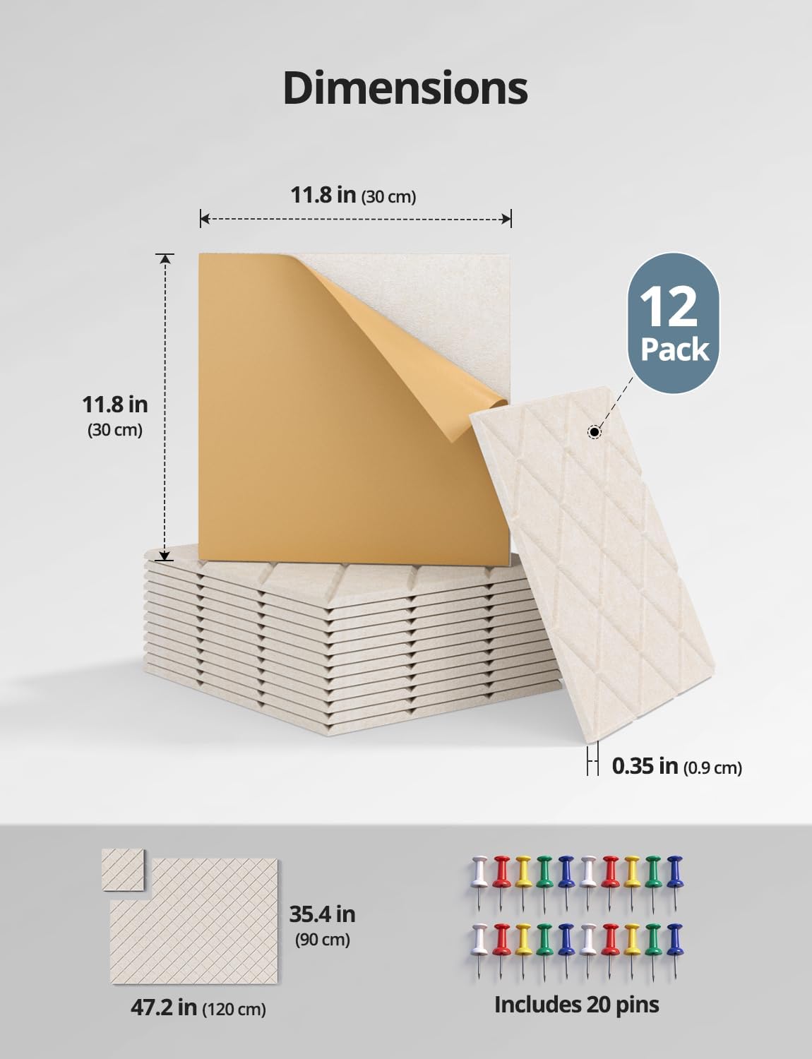 Kuchoow Bulletin Cork Board Large 47.2" x 35.4" Felt Notice Pinboard for Office Walls & Home, Self Adhesive 12 Pack Beige Decorative Bulletin Mood Board Corkboard for for Bedroom, Display, Memo, Photo