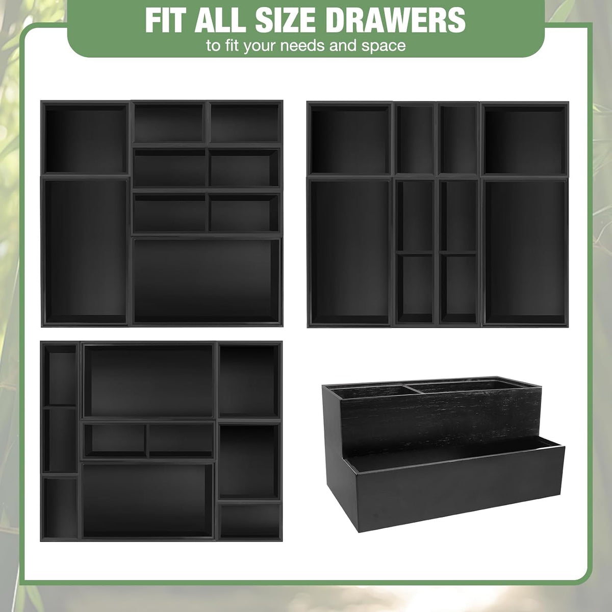 Bamboo Drawer Organizer Set, 8 PCS Black Multi-Use Drawer Storage Boxes, Junk Drawer Organizer Divider Bins for Bathroom, Kitchen, Office Desk, Makeup, Jewelry, Utensils