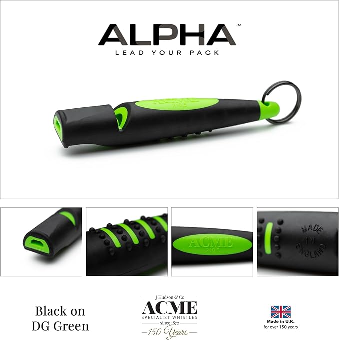 ACME Alpha 211.5 Professional Dog Training Whistle with Enhanced Ergonomic Grip. BPA-Free Plastic. 110 dBA. Long Range. Standardized Frequency. Weatherproof. Made in the UK (Black on Day Glow Green)
