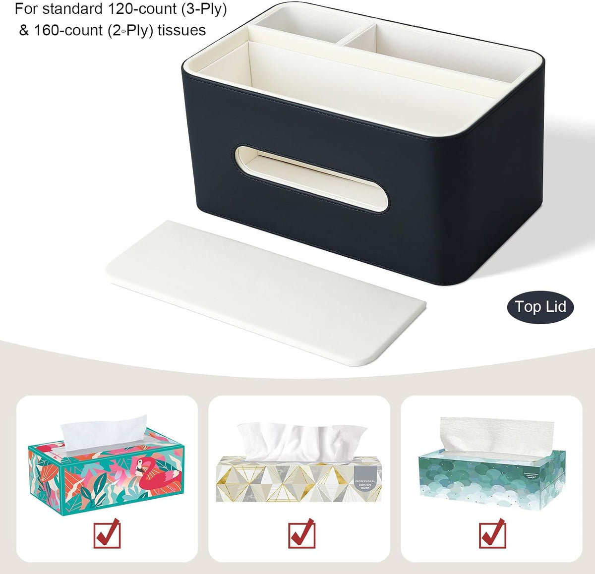 PU Leather Tissue Box Cover Rectangular with Storage Organizer Tray, Multifunctional Remote Control Holder, Desk Organizer for Living Room, Bedroom, Office, Decorative Tissue Holder Black