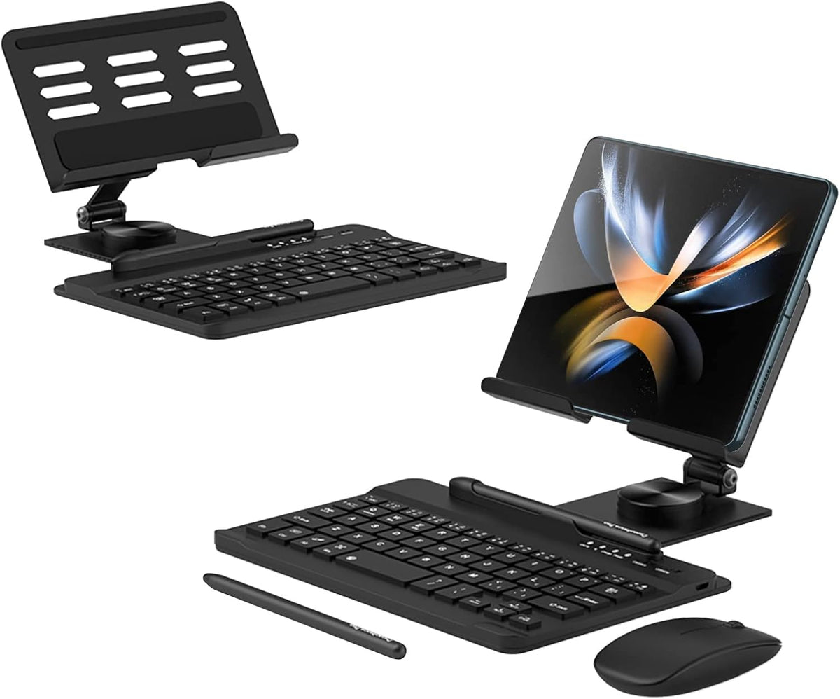 Desktop Stand & Bluetooth Keyboard Combo for Galaxy Z Fold 8/8ultra/7/6/5/4 & Z Trifold, 4-in-1 Includes Mouse Pen, Slot, Adjustable Foldable Tablet Stand, Fits 4.7"-13" Tablets Phone, Black