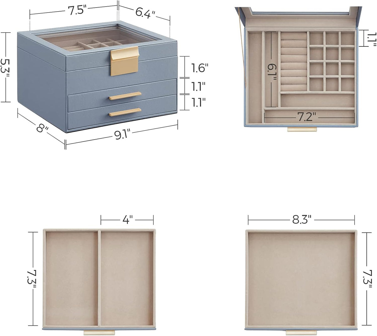 SONGMICS Jewelry Box Organizer, 3-Layer Storage with 2 Drawers, Glass Lid