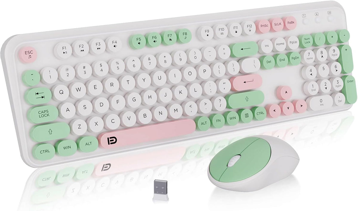 FD 2.4GHz Wireless Keyboard and Mouse Set with Switch Button - Full-Size Keyboard - Compatible for Windows/Laptop/PC/Notebook/Smart TV and More - Milky White Green Colorful