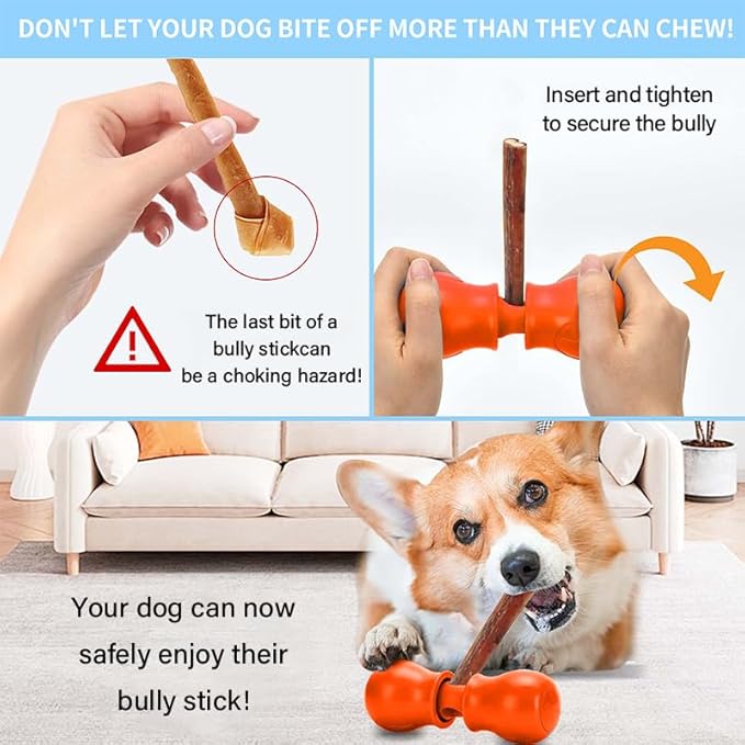 Bully Stick Holder - Improved Dog Treat Chew Holder,Fits Various Bully Sticks,Durable Safety Hold Device to Prevent Swallowed Ends and Choking, Large/Orange.