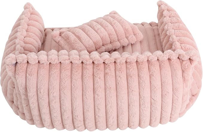Fluffy Pet Couch Bed with Removable Washable Cover, Soft Rabbit Plush Dog Cat Bed for Small Medium Pets, L Size Pink Couch with Non-Slip Bottom and Pillow (Pink)
