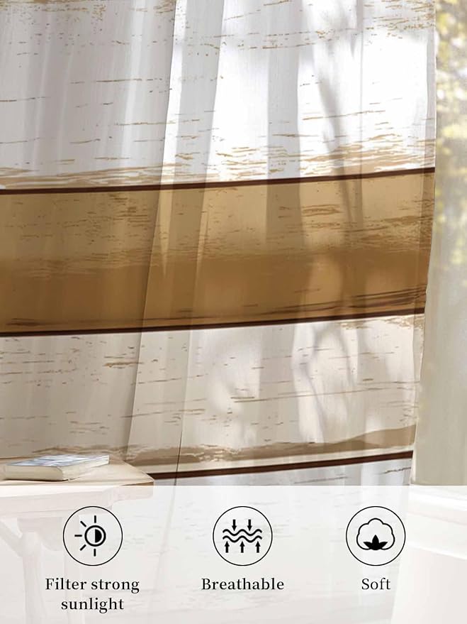 Sheer Curtains 72 Inches Long, Vintage Country Geometric Striped Privacy Voile
