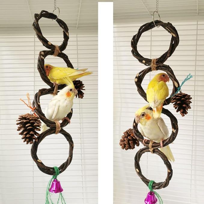 Circle Straw Bird Swing Stand Bird Perches Stand Hanging Chewing Toy for Parrots Bird Playground Cage Accessories Climbing Rope Net Ladders for Foraging Toys（Random Color） (5 Ring Double Row)