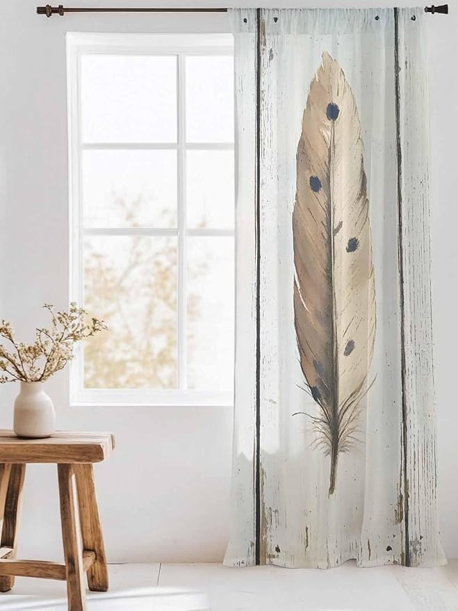 Sheer Curtains 84 Inches Long, Farmhouse Feather Semi Sheer Curtains Light