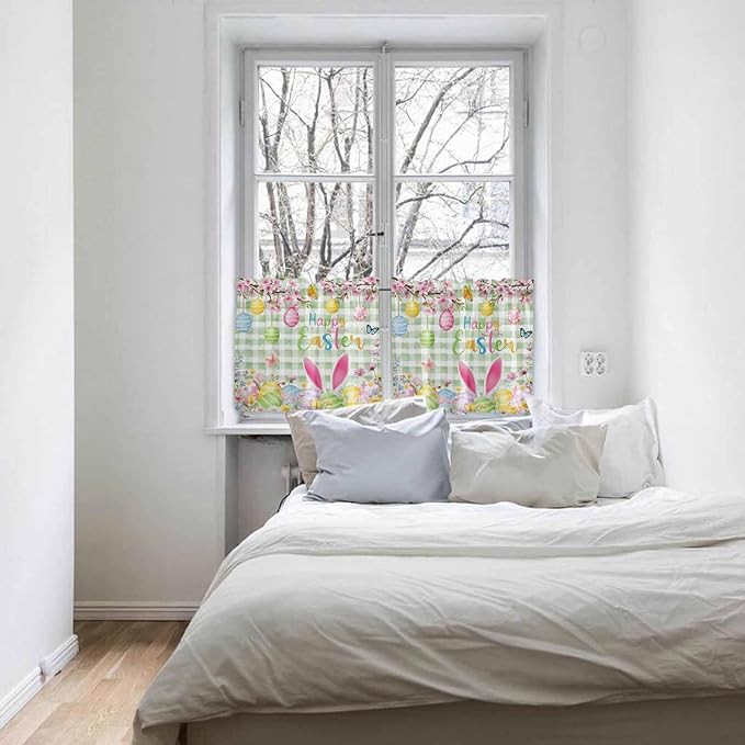 Happy Easter Half Window Curtain 36 Inches Long, Spring Bunny Eggs Flower Sage