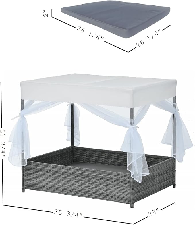 Outdoor Elevated Dog Bed with Curtain Canopy, Durable PE Wicker Pet Bed for Dogs and Cats, Patio Pet Furniture with Washable Cushion, Raised Pet Enclosure for Garden, Backyard & Indoor Use