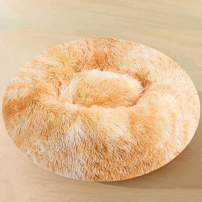 Donut Dog Bed Cat Bed, 20 Inch Round Fluffy Dog Beds for Small Dogs and Cats, Anti-Anxiety Donut Dogs Cuddler Bed, Washable Pet Bed for Medium Cats (Yellow White)