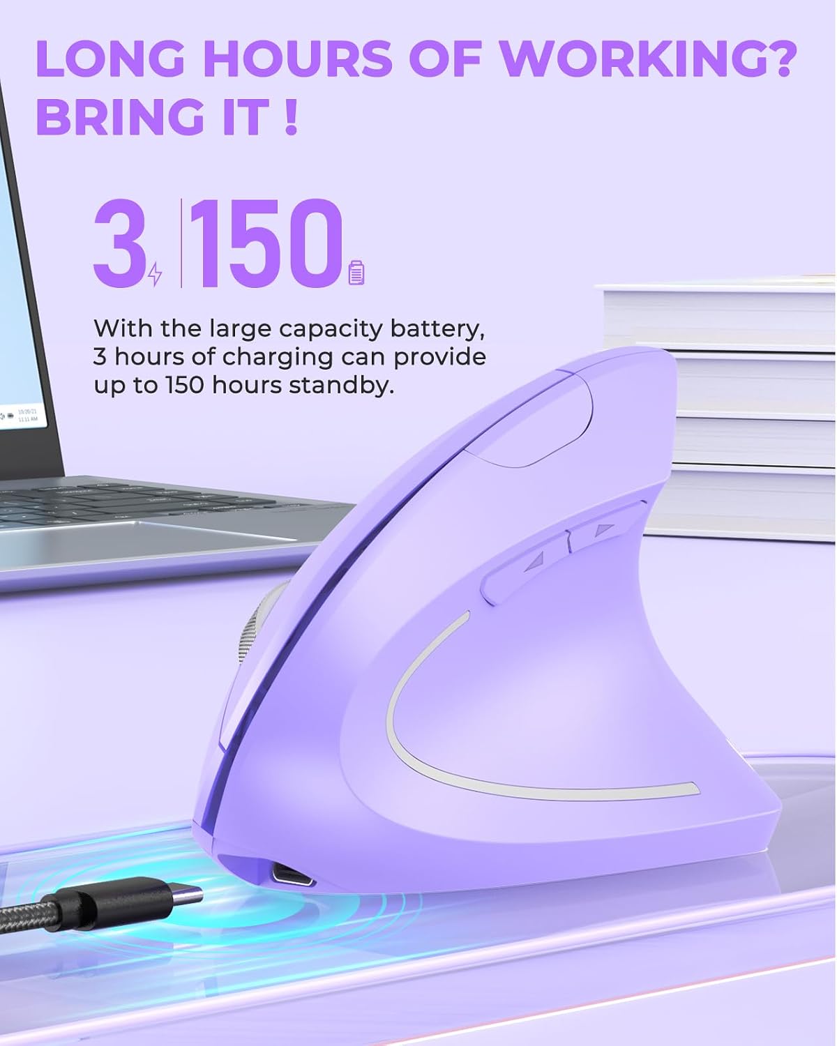 Lekvey Ergonomic Mouse, Rechargeable Wireless Vertical Mouse, Light Purple