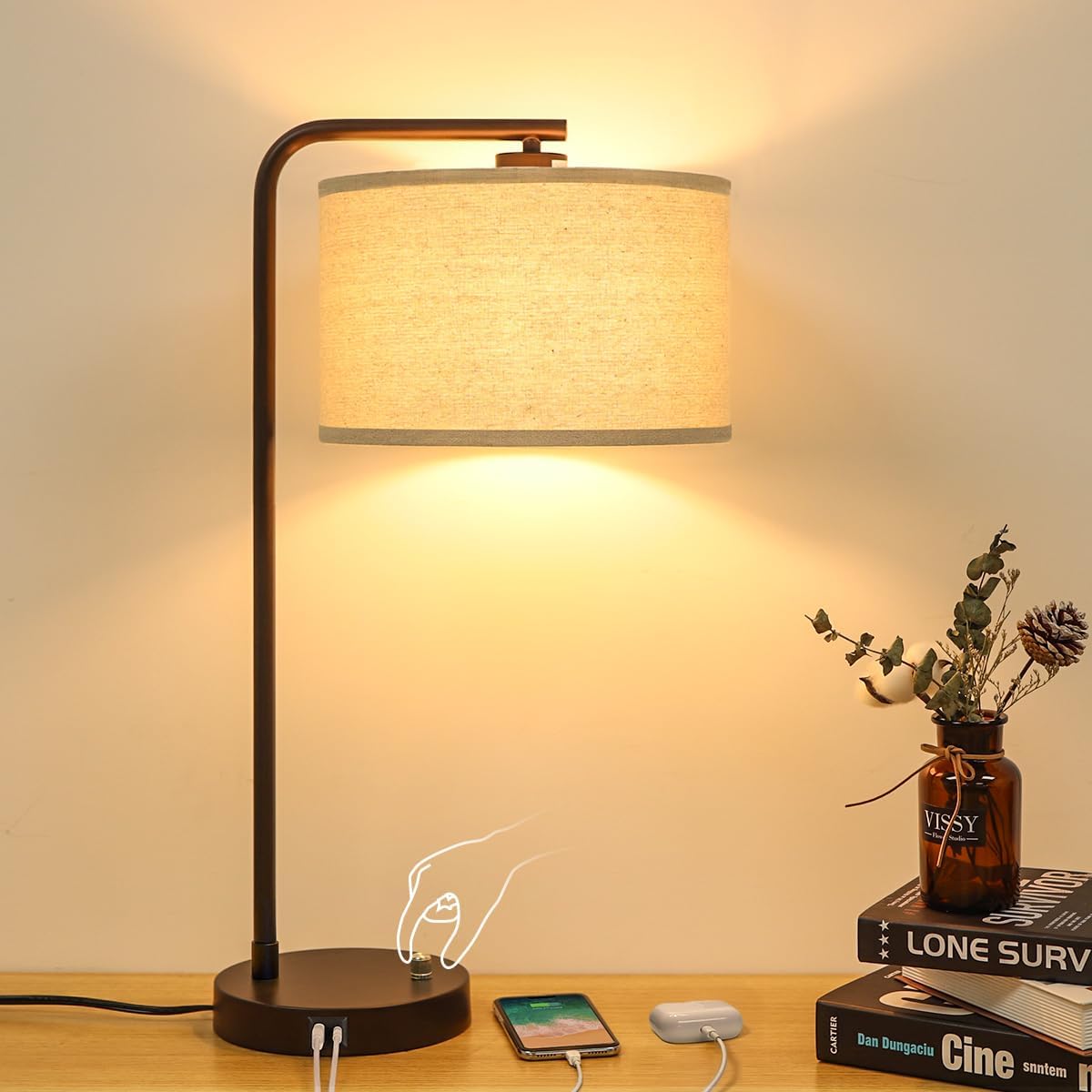 25" Tall Table Lamp with USB C+A Ports, Fully Stepless Dimmable Modern Minimalist Bedside Nightstand Lamp, Reading Desk Lamp for Bedroom, Living Room, Study Room, Office, 9W 3000K LED Bulb Included