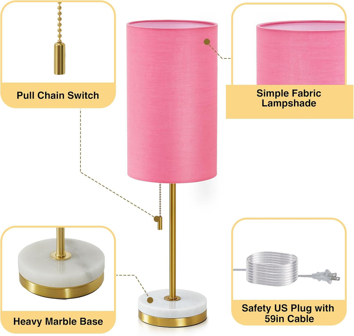 Luvkczc 18" Table Lamp Set of 2, Bedside Lamp with Marble Base, Pull Chain