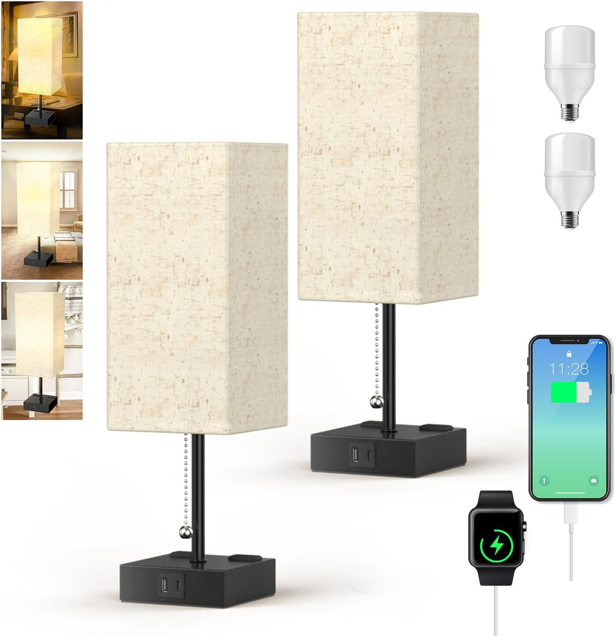 YIDPU Table Lamp for Bedroom with USB,Bedside Lamp with USB C+A Charging Ports,Adjustable 3color LED Light for Home Decor/Nightstand/Office,Included Bulb and Fabric Lamp Shade (Linen White, 2PCS)