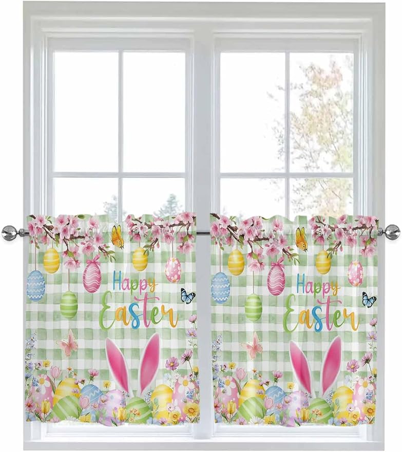 Happy Easter Half Window Curtains 24 Inches Long, Spring Bunny Eggs Flower Sage