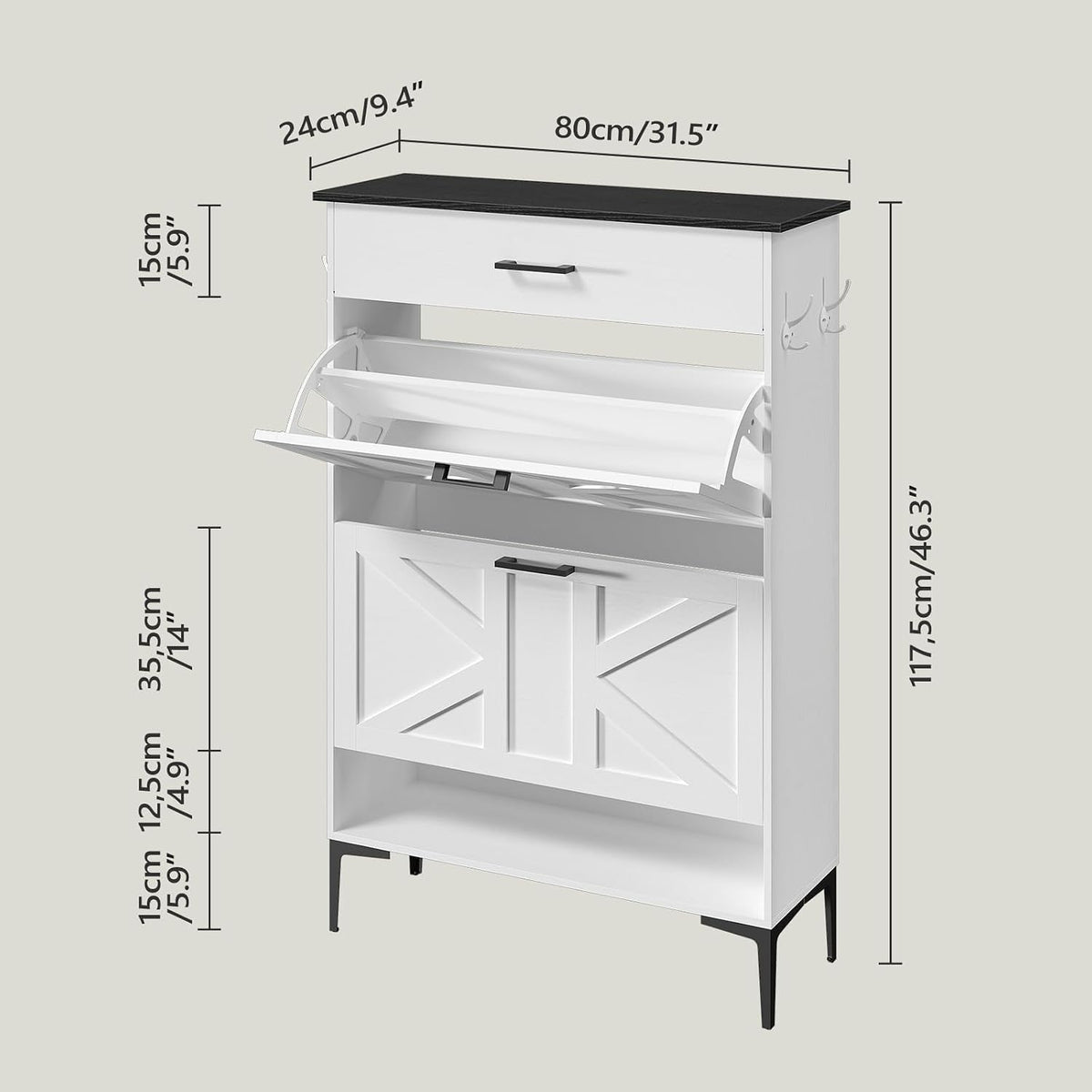 MAHANCRIS Shoe Cabinet with 2 Flip Drawers, Farmhouse Shoe Storage Cabinet for Entryway, Freestanding Narrow Shoe Organizer Cabinet with Adjustable Shelves for Entrance, Black and White SHBB20201
