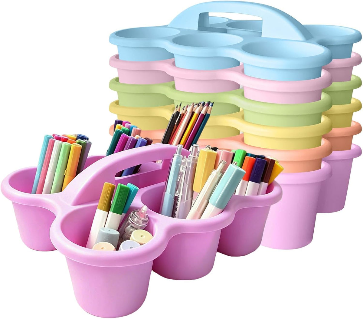 6 Pack Classroom Caddy Organizer with Handle Pastel Plastic Table Caddy 6 Compartments Storage Cup Holder for School Supplies Art Crafts Crayons Pencils Stackable Desk Caddy for Office Home