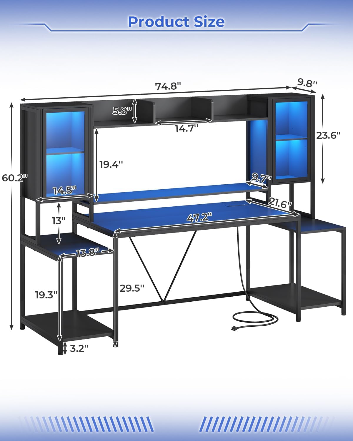 SEDETA Gaming Desk 75'' with LED Lights, Hutch and Storage Shelves, Black