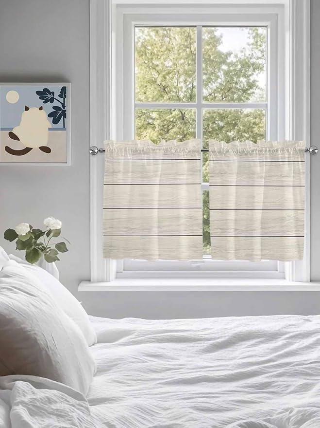 Vintage Country Wooden Board Window Valance Curtains, Gradient Wood Grain Line