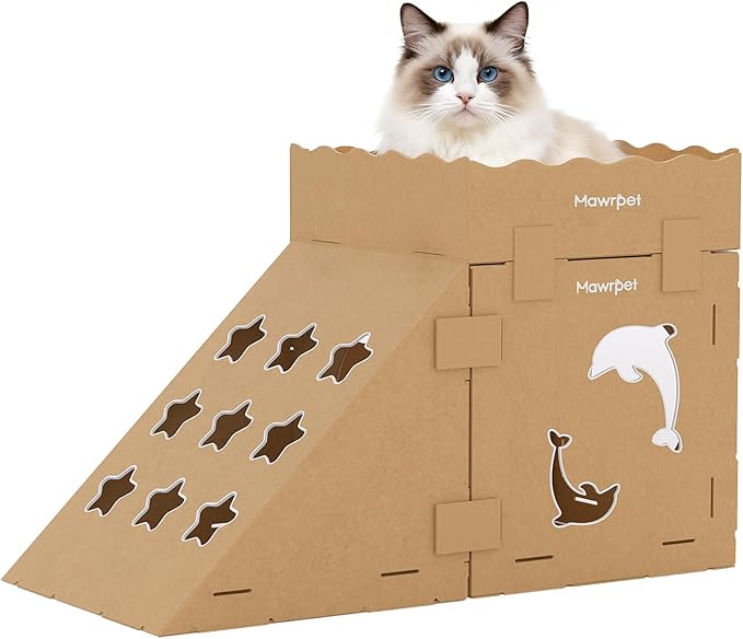 DIY Cardboard Cat House with Scratching Pad, Cat Tower Indoor Play House, Versatile Cardboard Cat Tunnel Box for One or More Pets, Indoor Use Rabbit Hideout Cave Castle Brown, 3 Parts