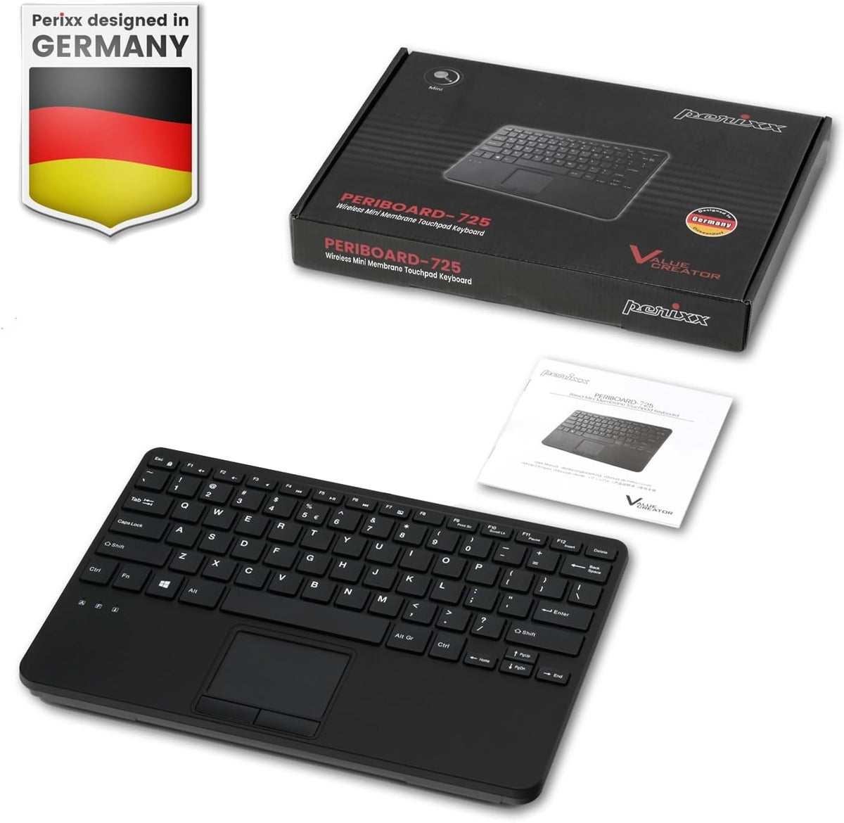 Perixx PERIBOARD-725 Wireless Keyboard with Touchpad, Multi-Device Connection via 2.4G & Bluetooth, Silent Scissor Keys, Compact 11.18x7.17x1.1 Inches, US English