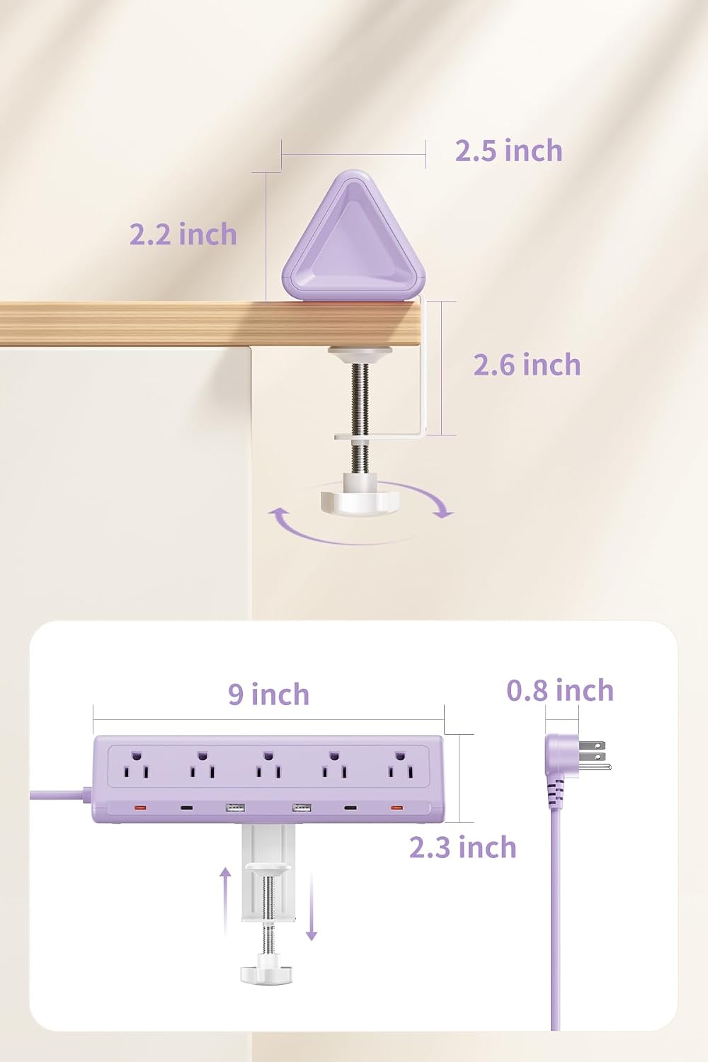 AnnTane Desk Clamp Power Strip USBC, 40W Fast Charging, 6.5 Ft, Purple