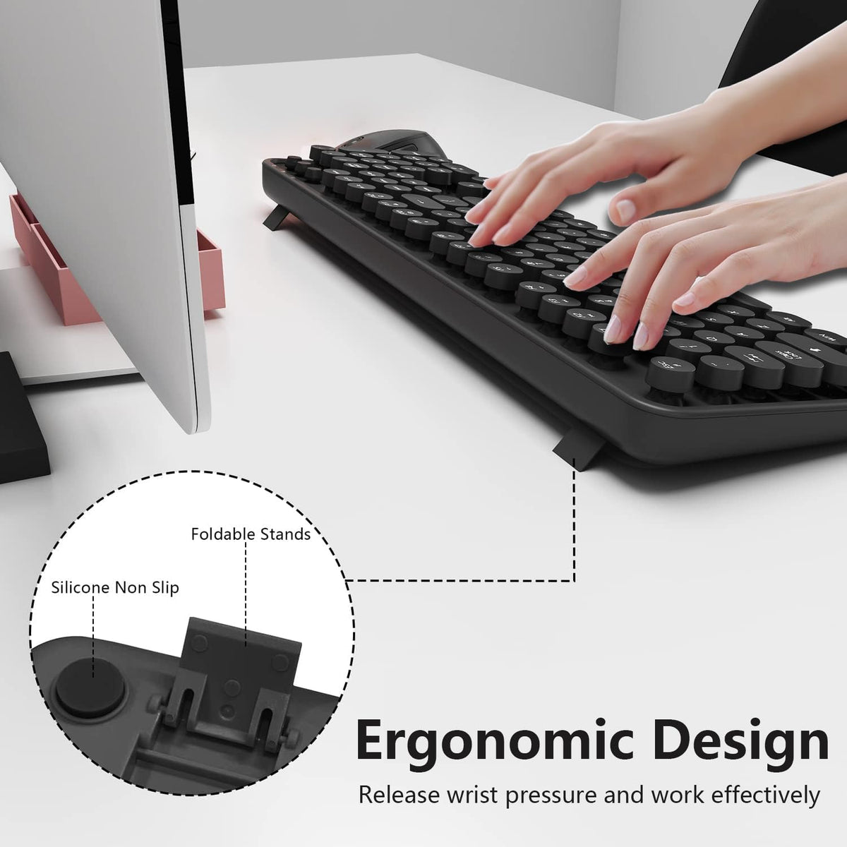 Wireless Keyboard and Mouse Combo, Retro Typewriter Style Keyboard with Round Keycaps, 2.4GHz Dropout-Free Connection Mouse with,Computer PC Desktops Laptop WindowsxP/7/8/10 (Black)