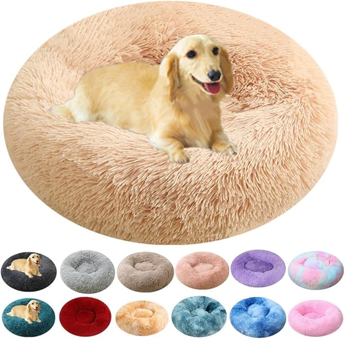 Calming Dog & Cat Bed, 24 Inch Anti-Anxiety Donut Cuddler Cat Bed with Anti-Slip Bottom, Washable Round Fluffy Pet Bed for Small Medium Dogs and Cats (Yellow)