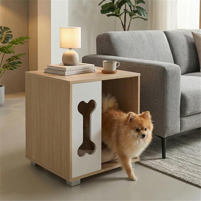 Wooden Dog House Bed & Side Table – Modern Dog Condo with Bone-Shaped Window and Sturdy Metal Legs