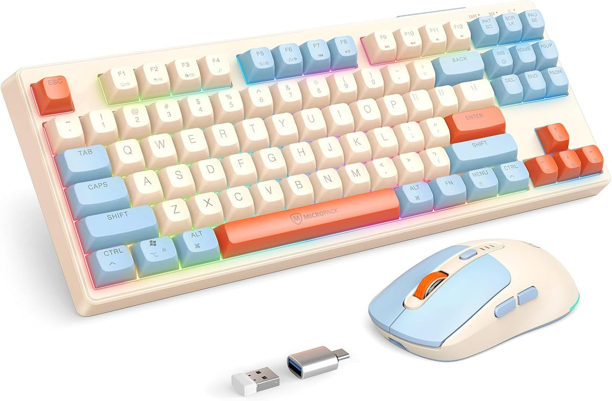 2.4G Wireless Keyboard and Mouse Combo, RGB Backlit Keyboard Mouse Set for Windows, Android & MacOS, Aesthetic Keyboard Mouse with USB & Type-C Dongle for PC Computers, Macbooks, Laptops, Ivory