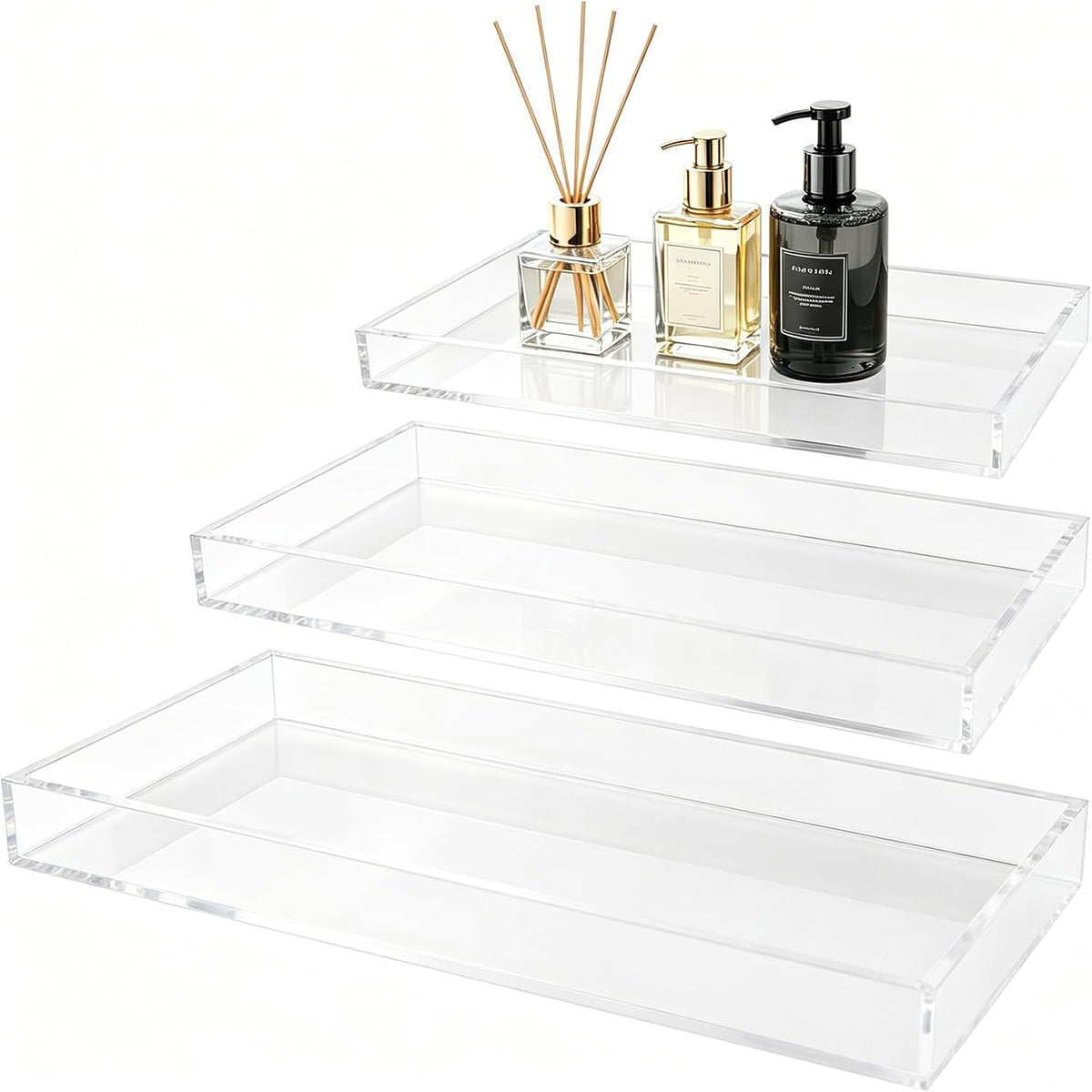 Clear Acrylic Tray 5mm Thicken 3 Pack for Vanity Makeup, Perfume, Jewelry Holder, Napkin,Decorative Serving Tray for Bathroom, Toilet Tank, Sink Countertop,Dresser, Coffee Table, L+M+S