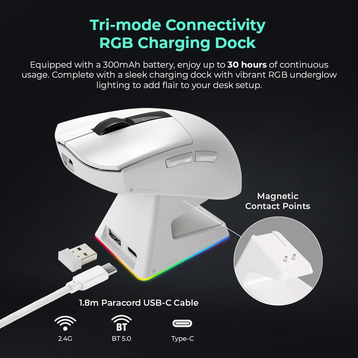 TECWARE EX1 Lightweight Gaming Mouse | 26K DPI Wireless Mouse with OLED Display | 59g Ultra-Light Design | RGB Charging Dock | Tri-Mode Connectivity 2.4GHz/Bluetooth/Wired with Grip Tape | White
