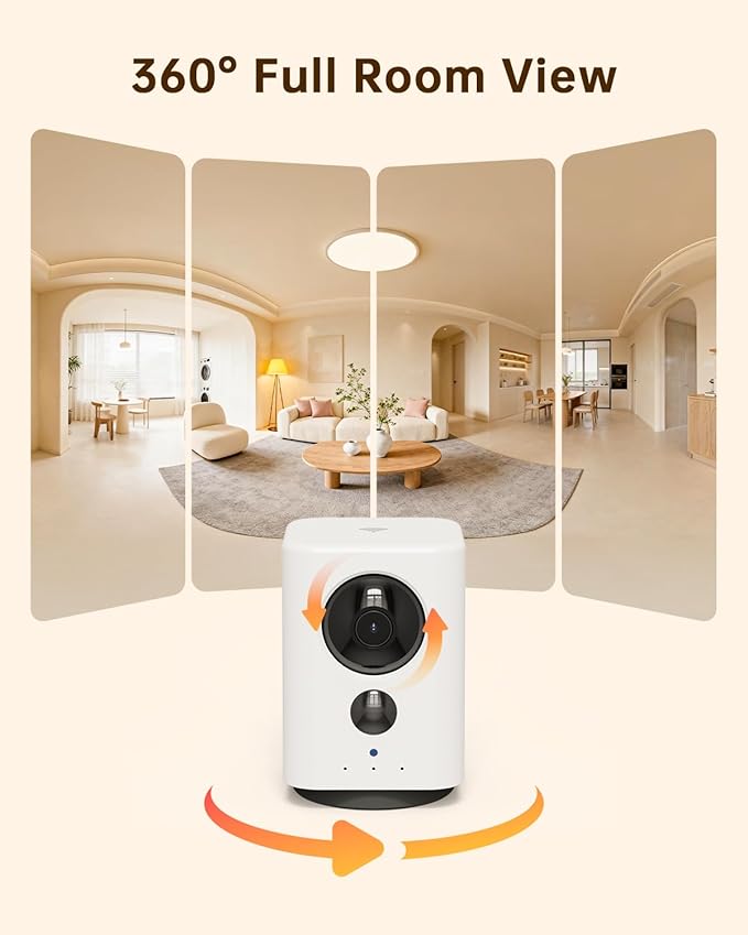 Wireless Indoor Camera: Battery Powered Pet/Dog Monitor with Phone App, 360° Pan/Tilt, Smart Detection, No Wiring Needed, 2K Live Video, Night Vision, Portable Home Cam for Room/Rental/Travel