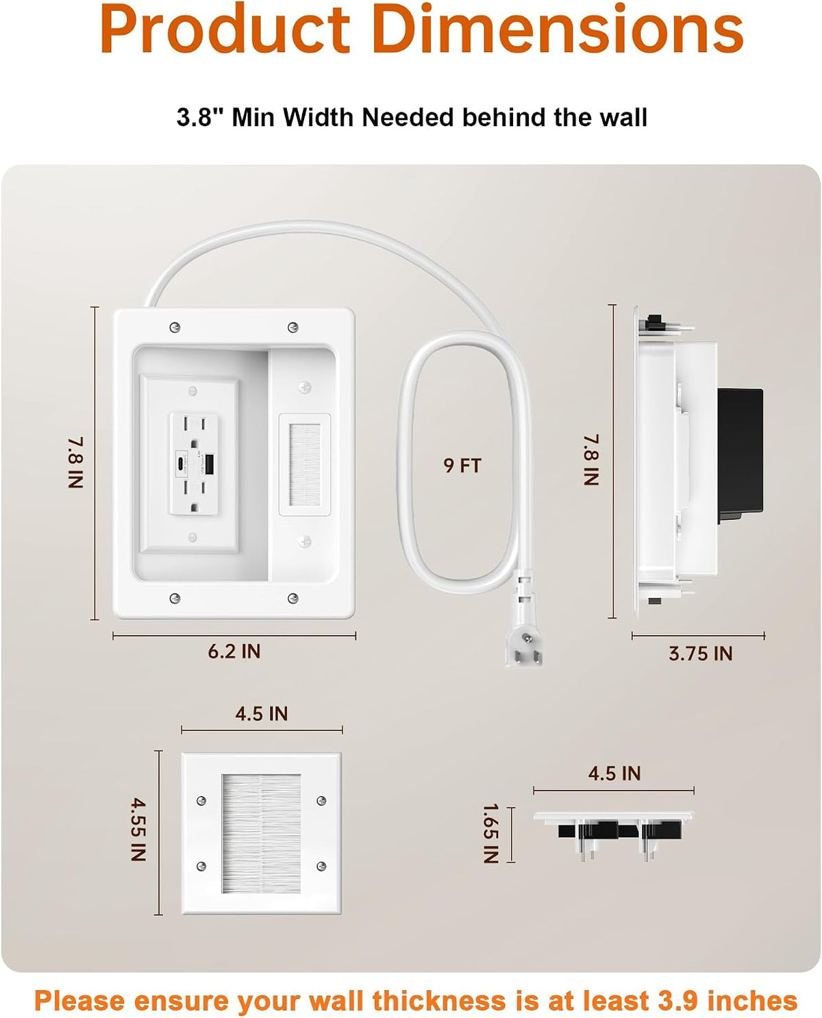 in Wall Cable Management Kit with Power and USB A+C for TV, Monitor