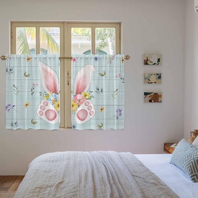 Easter Kitchen Tier Curtains 45 Inch Long 2 Panel Set, Rod Pocket Short Window
