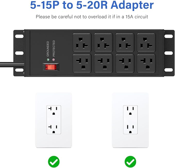 CCCEI Black Heavy Duty Power Strip Surge Protector 20 AMP, 8 Outlets 12 Gauge Industrial Shop Garage Metal Multiple Outlets, 20 FT Extension Cord 5-15P Adapter High Amp 6-20R T-Slot 20a for Appliance