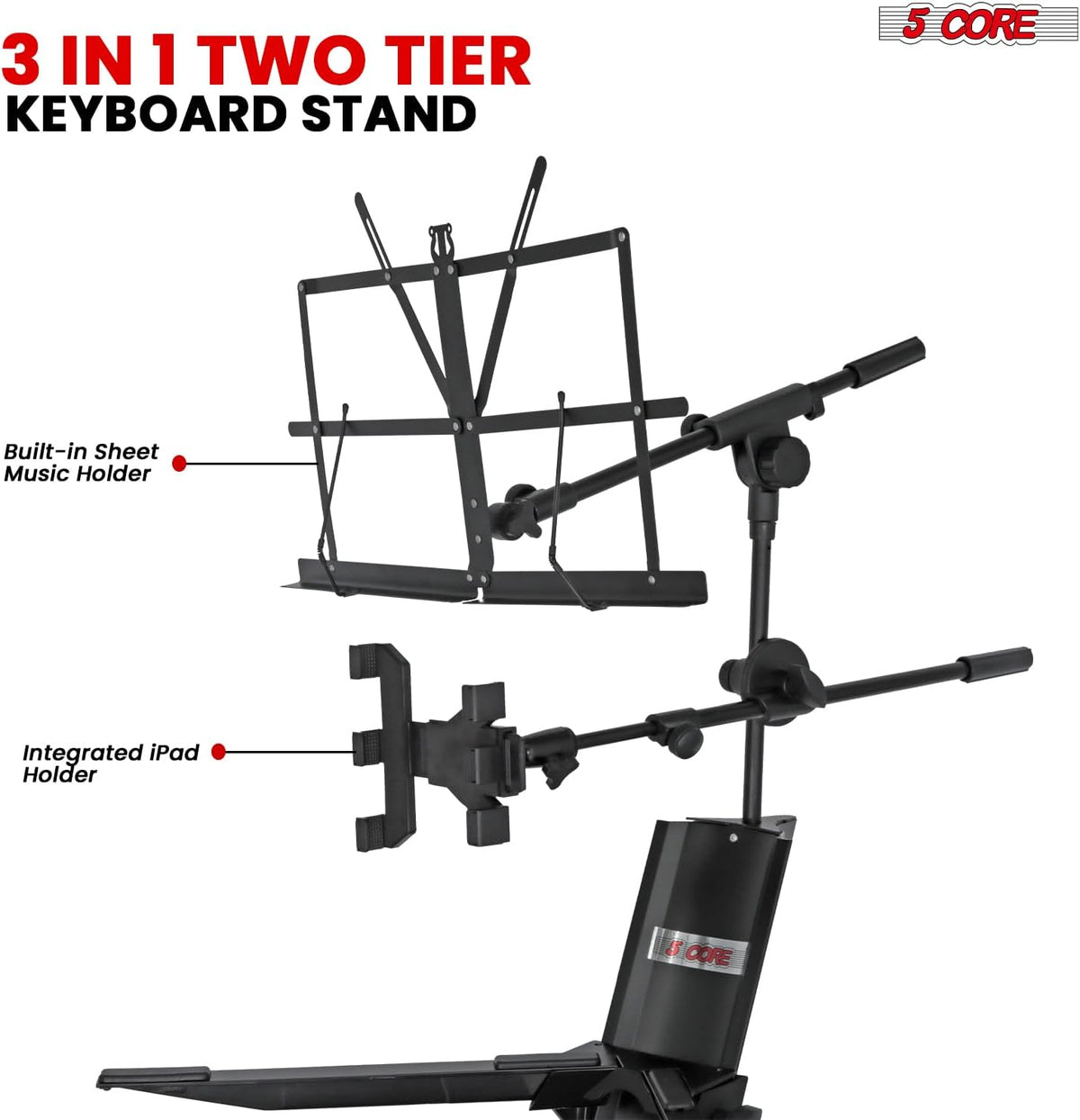 5 CORE Keyboard Stand 2 Tier Column for 61/76/88 Key Board DJ Controller Stands for Electric Digital Midi Pianos Black - KS C 2TD BLK AL