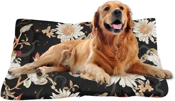 Night White Floral Washable Dog Beds Medium Sized Dog Crate Mattress Pad Kennel Pad Crate Cushion Washable Non-Slip Beds for Small Dogs Bed Mat Paw Cushion Indoor Outdoor 24X18 Inch