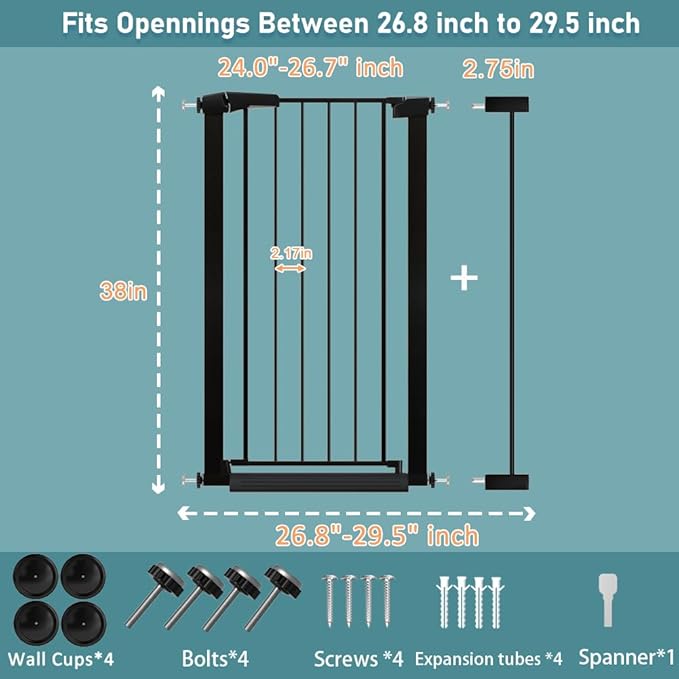 Fairy Baby 26.8"-29.5" Inch Narrow Baby Gate for Small Doorways Stairs, 38" Extra Tall Dog Gate Indoor for Kids or Pets, Metal Safety Gate Pressure Mounted No Drilling Walk Through, Black