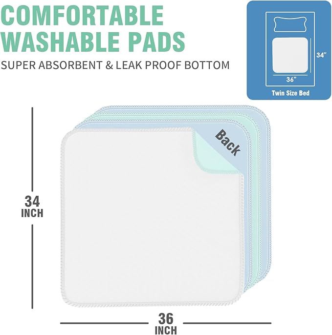 Washable Pee Pads for Dogs 4 Pack, 34" x 36" Waterproof Incontinence Bed Pads for Adults, Elderly and Kids, Nursing Pads, Chucks Pads, Super Asorbent Training Pads, Whelping Pads, Blue & Green