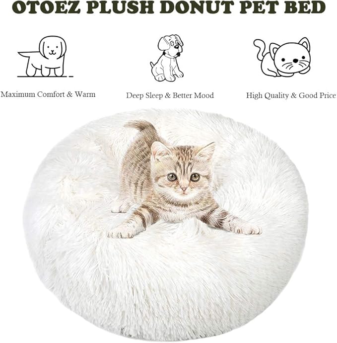 otoez Kitten Puppy Bed Extra Small XS Round Dog Cat Beds Anti Anxiety Plush Pet Calming Donut Bed with Non-Slip Waterproof Bottom, Washable (15.7", White)