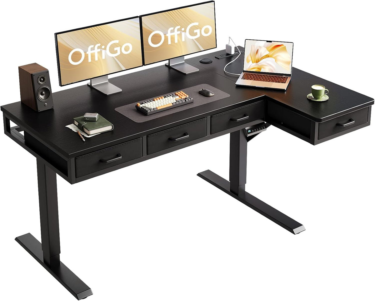 OffiGo 55 Inch L Shaped Electric Standing Desk with 4 Drawers, Black