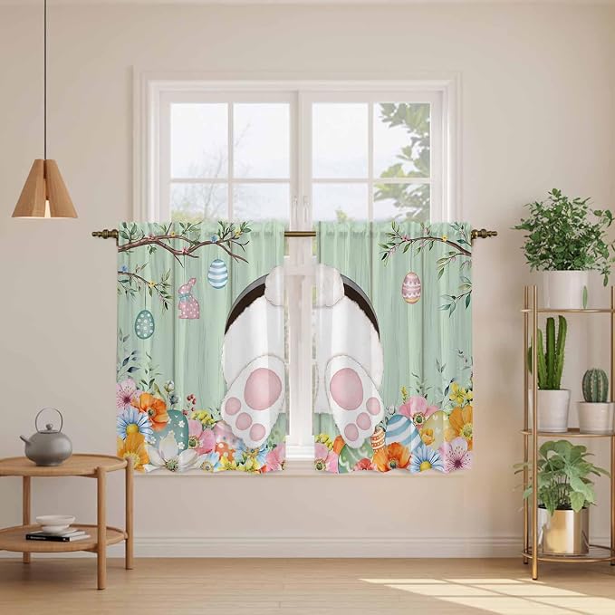 Easter Kitchen Tier Curtains 45 Inch Long 2 Panel Set, Rod Pocket Short Window