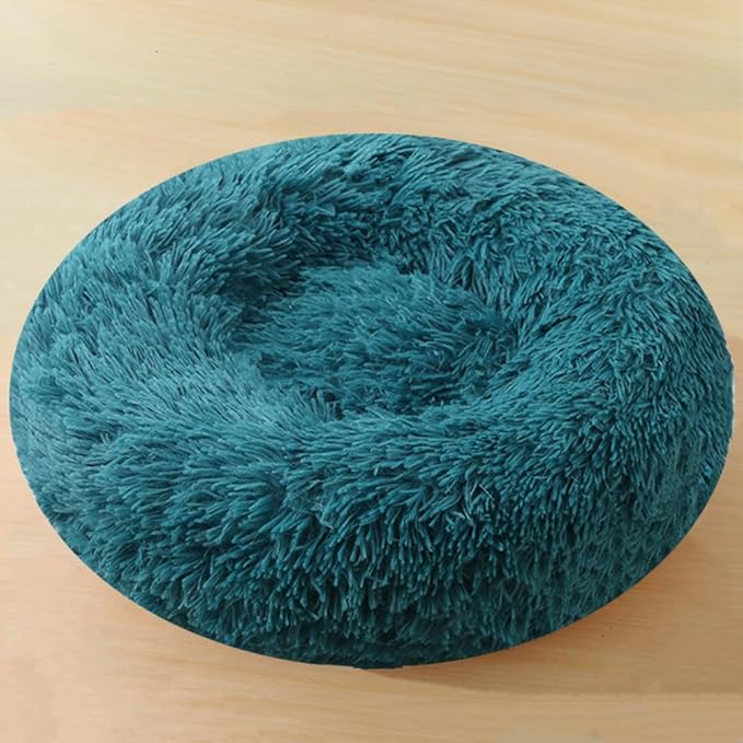 Large Calming Dog Bed, 47 Inch Anti-Anxiety Donut Dog Cuddler Cat Bed, Warming Cozy Soft Dogs Round Bed, Fluffy Faux Fur Machine Washable Pet Cushion for Medium Large Dogs & Cats (Dark Blue)