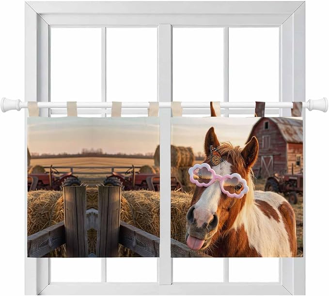 Farm Horses Kitchen Curtains 24 Inch Length, Small Window Curtains Tab Top