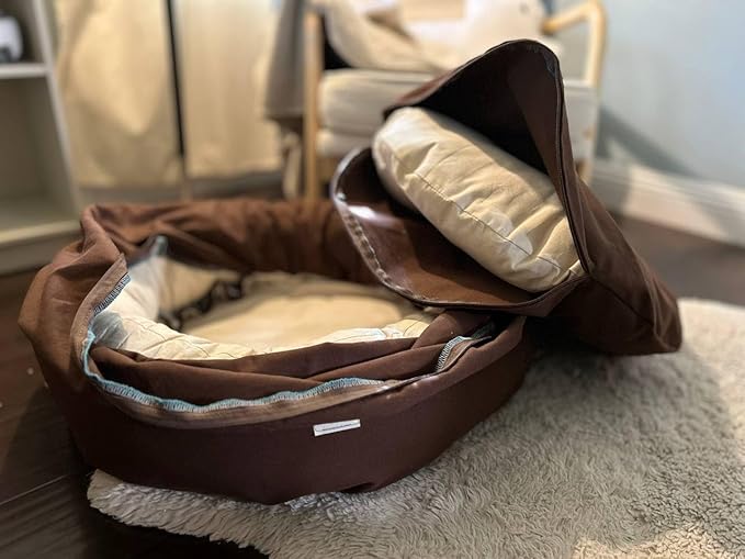 Organic Cotton Canvas Dog Bed: Removable Cover, Natural Fill - Made in USA (Dark Brown, Small 24" x 7" inches)