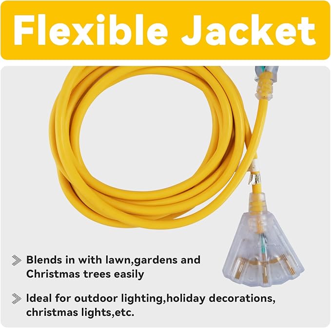 EP 30 Ft 12 Gauge Heavy Duty Extension Cord, 15A 125V 1875W, 3 Outlet Indoor/Outdoor Power Cord with Lighted End, 12/3 SJTW Weatherproof Yellow, UL Listed