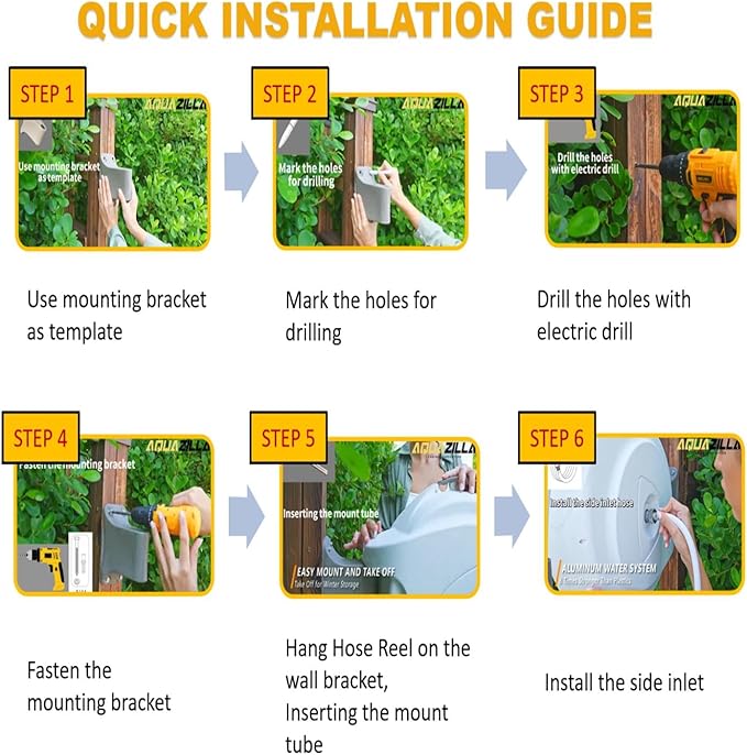 Retractable Garden Hose Reel, 5/8 in 100+6 ft, Heavy Duty Wall Mounted Water Hose Reel, Spring Power Automatic Rewind, Any Length Lock, 180° Swivel Bracket, 10 Pattern Spray Nozzle